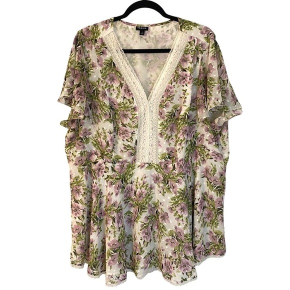 torrid Tops - Torrid 2 Floral‎ Clip Dot Chiffon Lace Trim Flutter Sleeve Blouse Purple Green